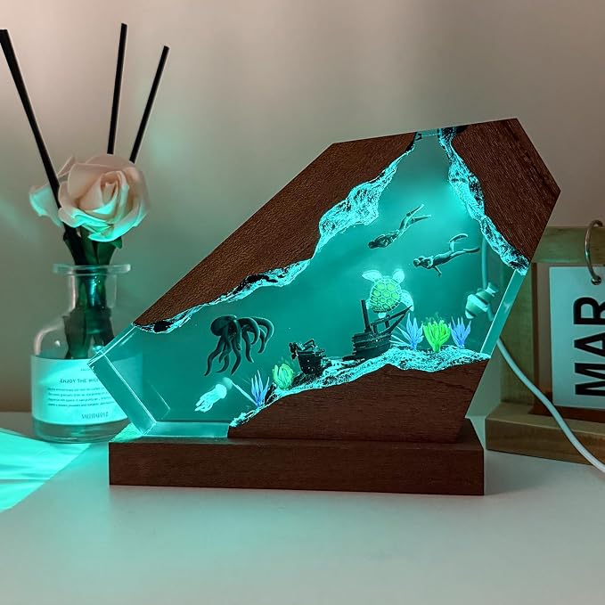 Octopus Resin Lamp, Handcrafted RGB Ocean Lamp with Wooden Base,Octopus Decor for Bedroom, Scuba Diving Gifts for Him & Her, Unique Birthday & Holiday Gifts (S 6"X4")