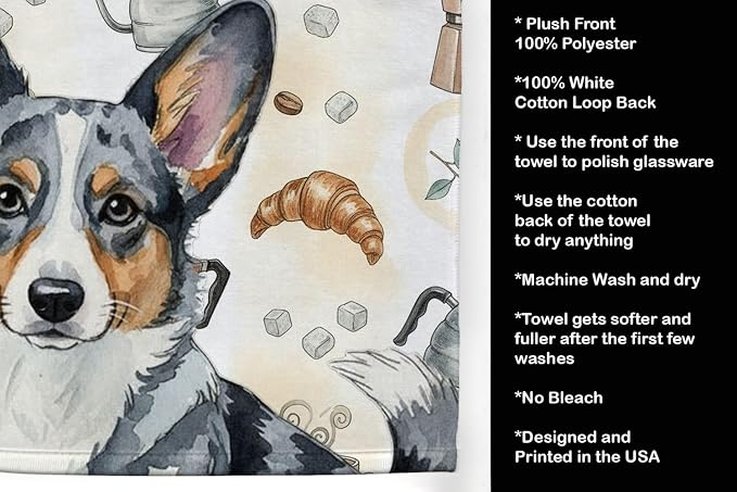 Caroline's Treasures Blue Merle Cardigan Welsh Corgi Coffee Bar Kitchen Towel Velour Plush Front and Cotton Loop Back Machine Washable