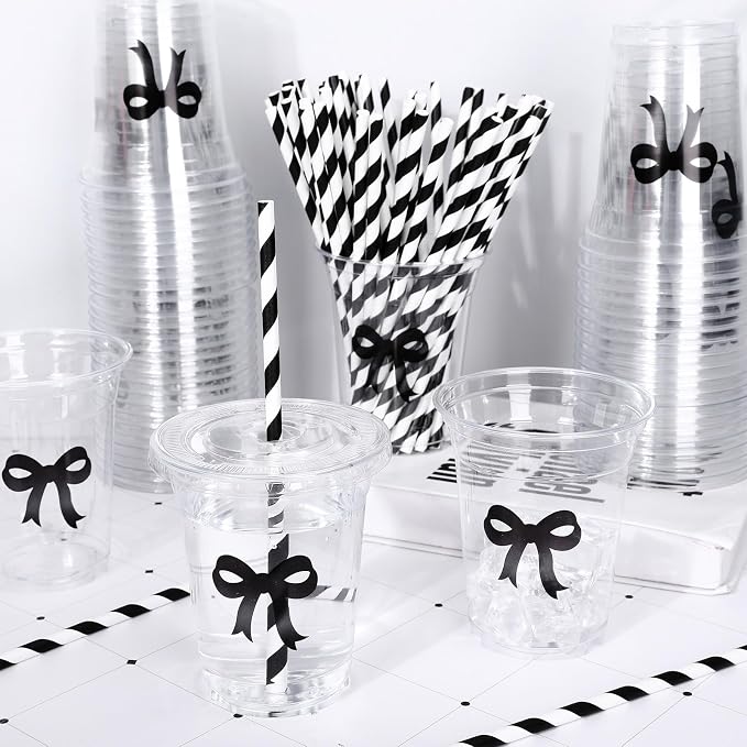 Whaline 50 Pcs Black Bow Disposable Plastic Cups with Lids and Straws 12 Oz Elegant Bow Knot Cold Beverage Drinking Cups for Wedding Birthday Bridal Baby Shower Party Supplies