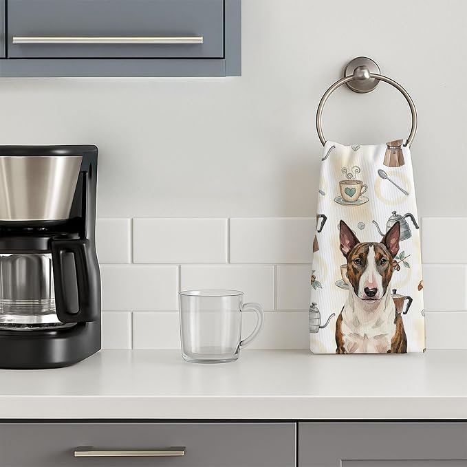 Caroline's Treasures Brindle and White Bull Terrier Coffee Bar Kitchen Towel Velour Plush Front and Cotton Loop Back Machine Washable