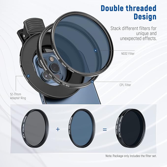 NEEWER 77mm Lens Filter Kit with Phone Lens Clip, CPL + ND32 + Star + 4 Graduated Color Filter Compatible with iPhone 17 16 16e 15 14 Pro Max Canon Nikon Sony Camera