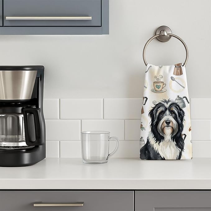 Caroline's Treasures Black Bearded Collie Coffee Bar Kitchen Towel Velour Plush Front and Cotton Loop Back Machine Washable