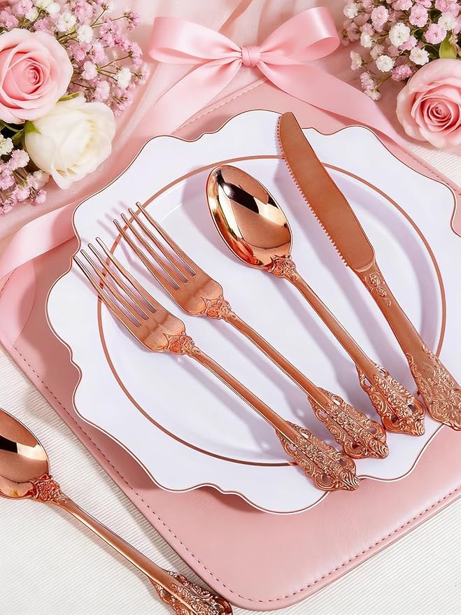 WDF 120Pieces Rose Gold Plastic Silverware - Heavy Duty Rose Gold Plastic Cutlery Set - Disposable Utensils - Flatware Includes 40 Forks, 40 Spoons, 40 Knives for Wedding Party Birthday