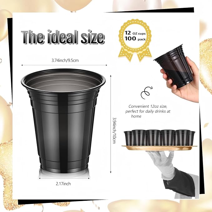 LemonRoad 100 Pack 12oz Black Clear Plastic Cups, Party Disposable Drinking Cups Bulk for Parties Picnics Cold Beverages, Smoothies, Events Celebrations Meeting Wedding Holiday Party