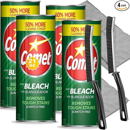 Cleaning Bundle: Comet Powder Cleanser with Bleach, 21 oz Bottles, 4 Pack + 2 Microfiber Cloths + 2 Narrow Brushes