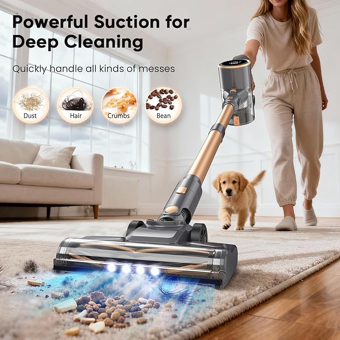 N12S Cordless Vacuum Cleaner, 30KPa Powerful Vacuum with 60 Mins Runtime, Self-Standing, LED Display, Rechargeable Lightweight Handheld Vacuum Cleaners (Gold)