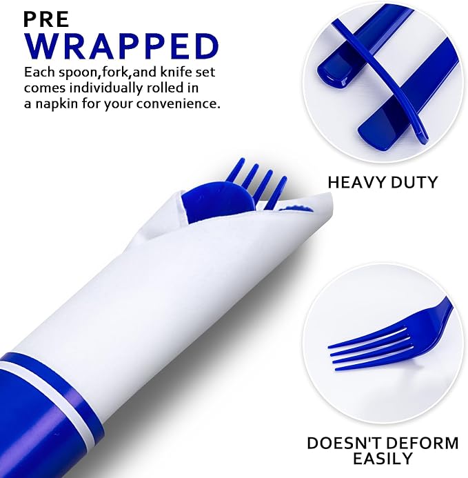 400PCS Pre Rolled Blue Plastic Silverware Sets - Heavy Duty Blue Cutlery - Include 100 Pack Wrapped Disposable Utensils with Napkins for Parties & Weddings & Independence Day & 4th of July