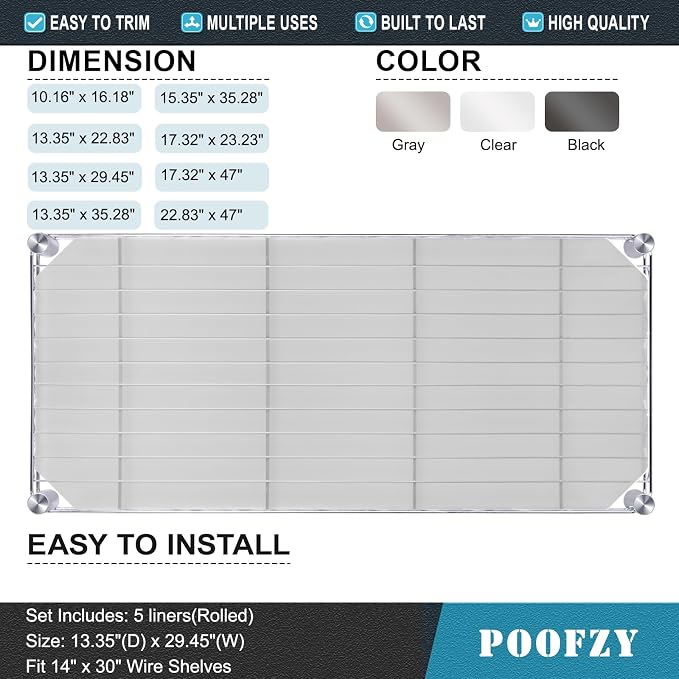Poofzy Wire Shelf Liner 14" X 30", Non-Adhesive Plastic Shelf Liners for Wire Shelving, Waterproof Protector Mats (5PK, Clear)