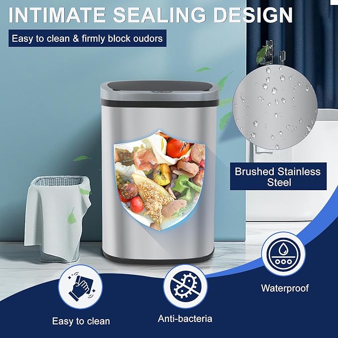 Furniture of America Verbena 13 Gallon Metal Household Trash Can Motion Sensor Lid for Kitchen, Silver