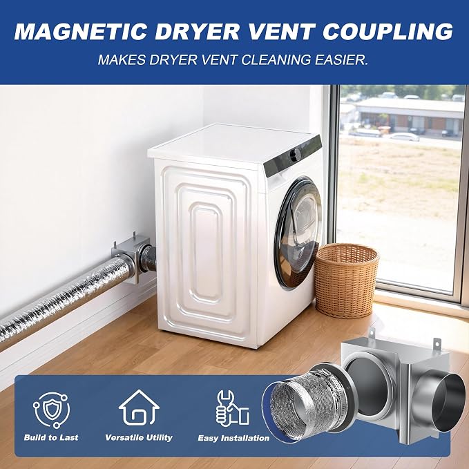 Magnetic Dryer Vent, 90 Degree Magnetic Dryer Vent Strong Magnet Dryer Vent Connector Kit Airtight Seal Adapter Quick Connect Disconnect Easy to Clean Foil Hose 4" Exhaust Duct with Clamps Screws