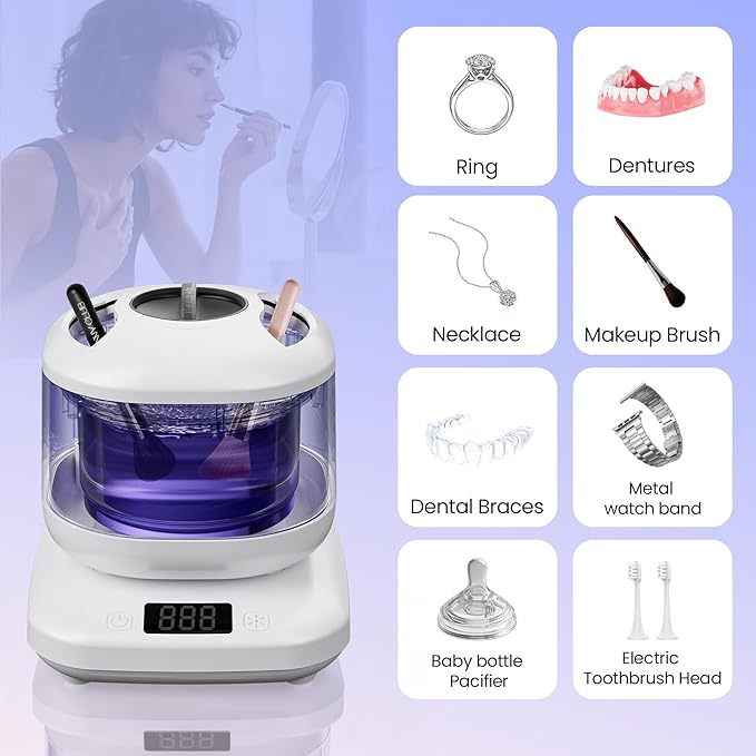 Ultrasonic Jewelry Cleaner with Detachable Tank, Makeup Brush Cleaner Machine Professional for Rings, Necklaces, 4 Modes with U-V, Portable Quiet, IPX7 Waterproof – Also Ideal for Retainers & Dentures