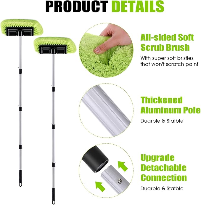 2 Pack 58 Inch Extendable Car Wash Brushes, Soft Bristled Scratch Free Cleaning System with Long Handle, Universal Cleaning Tool Set for Vehicles Home Windows Tires Snow Removal (Green)