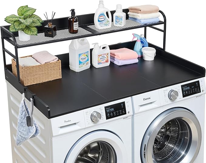 VEVOR Washer Dryer Countertop with Shelf, 54 x 27 in Wooden Washer and Dryer Topper with Shelf and 2 Hooks, Laundry Machine Topper for Laundry Closet Pantry Counter Organization and Storage, Black
