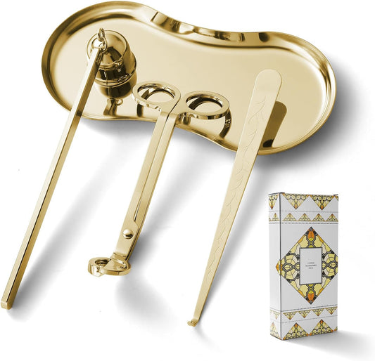 PATOISE 4 in 1 Candle Accessory Set, Candle Wick Trimmer Cutter, Candle Snuffer, Candle Wick Dipper, Tray Holder in Gift Package for Candle Aromatherapy Lovers(Mini 4PCS Gold)