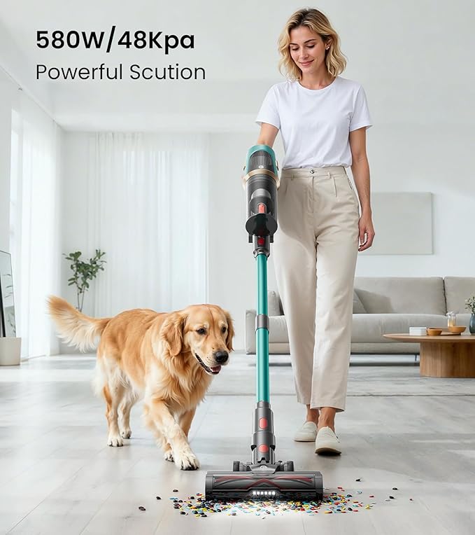CHEBIO Cordless Vacuum Cleaner, 550W/45Kpa Vacuum Cleaners for Home with LED Display, Anti-Tangle Cordless Stick Vacuum with 65Min, Lightweight Wireless Vacuum (Green)
