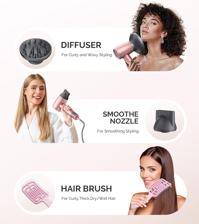 MelodySusie Hair Dryer with Diffuser, 1600W Fast Drying Low Noise Ionic Hair Dryer for Curly Hair with Diffuser,Nozzle and Hair Brush,120,000 RPM Blow Dryer Ideal for Women