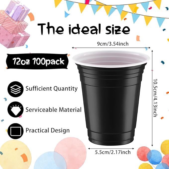 Sabary 100 Pack 12oz Plastic Cups Black Graduation Heavy Duty Drinking Disposable Cups with Lines for Beverage Holiday Camping Barbecues Birthday Party Summer Outdoor Picnic(Black and White)