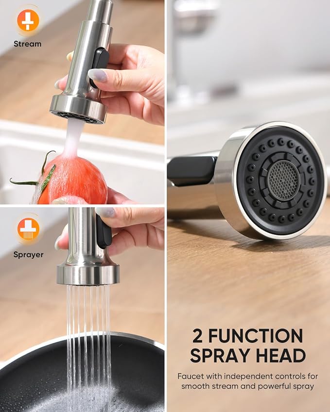 Kitchen Faucets, Brushed Nickel Kitchen Sink Faucet with Pull Down Sprayer Single Handle with Deck Plate Stainless Steel, Suitable for Farmhouse Camper Laundry Rv Bar - OWOFAN 9009SN