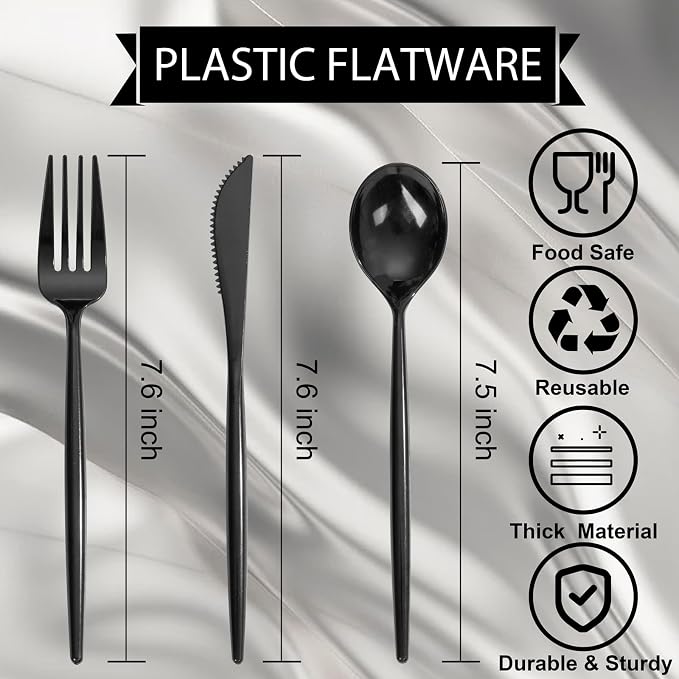 Supernal 360pcs Black Plastic Silverware,Heavy Duty Black Plastic Utensils, Disposable Cutlery Set Includes Disposable Knives,Forks and Spoons Silverware Set for Parties,Weddings & Birthday