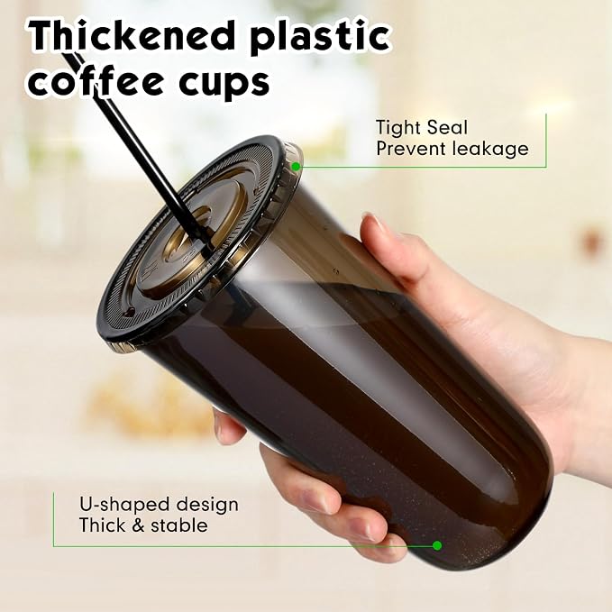 Ziliny 50 Set Black Plastic Cups with Lids and Straws, Disposable Iced Coffee PET Cups for Drinking Cold Beverage Juice Parfait Smoothie Milkshake Coffee Shops Party Supplies (20 oz)