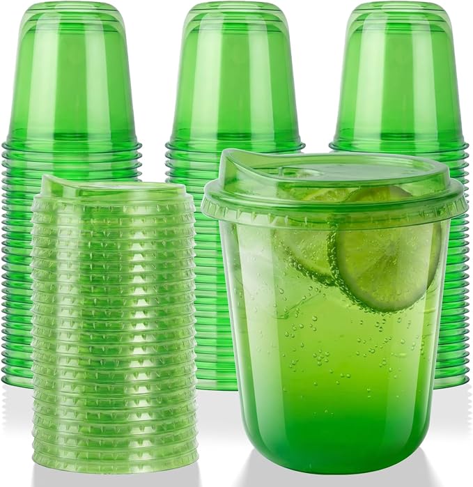 12oz Disposable Stemless Glasses With Strawless Sip Lids,PET Disposable Drinking Cups,Clear Plastic Wine Glasses for Parties Birthday,Wedding,Meeting,Christmas Party Supplies. (50, Green)