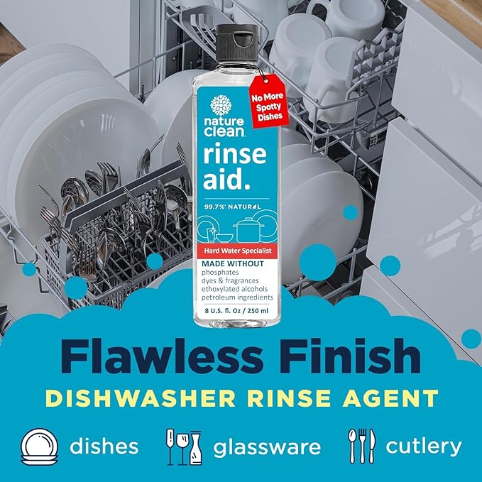 Nature Clean Dishwasher Rinse Aid Liquid, Non Toxic Natural Formula, Spot Free Shine for Glasses & Dishes, Hard Water Stain Remover, Dishwasher Drying Agent, 8 oz/250 ml Pack of 3