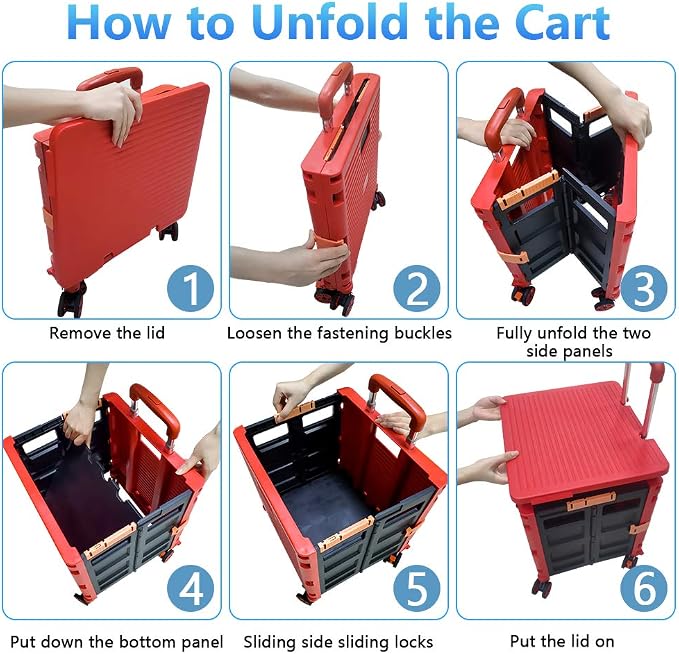 FELICON SELORSS Foldable Utility Cart Folding Portable Rolling Crate Handcart with Durable Heavy Duty Plastic Telescoping Handle Collapsible 4 Rotate Wheels for Travel Shop Move Luggage Office (Red)