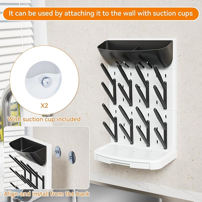 SuoXing Vertical Baby Bottle Drying Rack with Brush- Hold 16 Bottles - Large Breast Pump,Bottle Dryer Rack for Kitchen Countertop,Space Saving Bottle Stand Holder for Pacifiers,Pump Accessories,Black