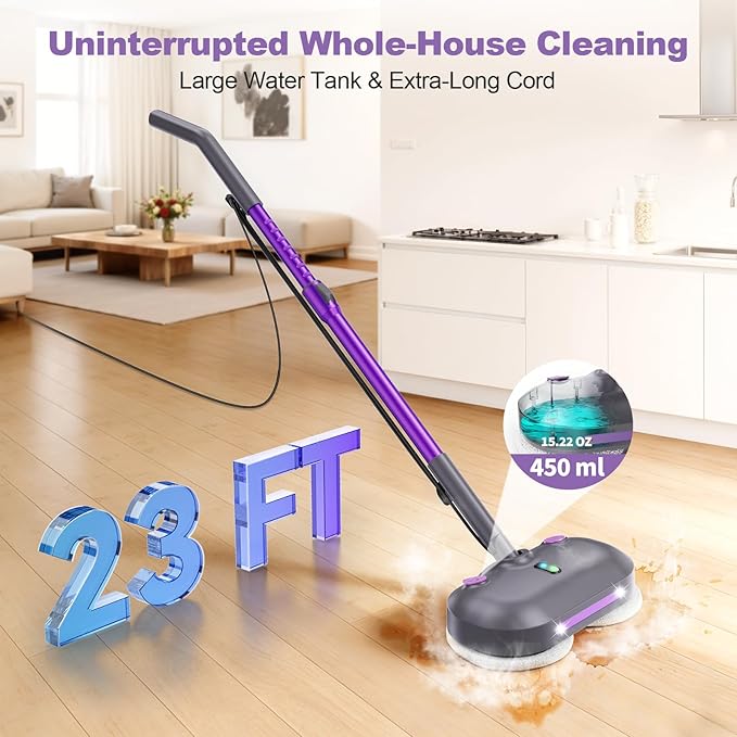 Scrubbing Steam Mop with Rotating Pads,All-in-One Spin Steam Cleaner for Floor Cleaning,Large Tank,23FT Cord, LED Headlights,Reusable Pads & Self-Standing,Safe for Hard Floor/Laminate/Marble