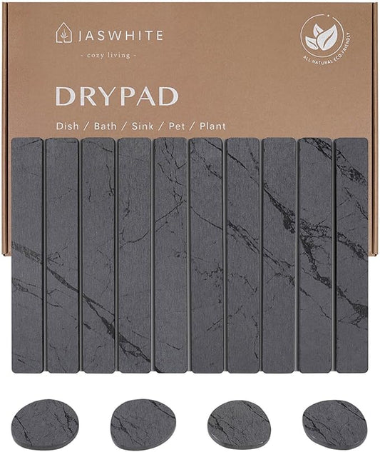 Stone Dish Drying Mat for Kitchen Counter - Large Foldable Marbled Quick Drying Dish Mats With Stone Coasters Set of 4 Collapsible Ultra Absorbent Diatomaceous Earth Mats for Bathroom (Grey)