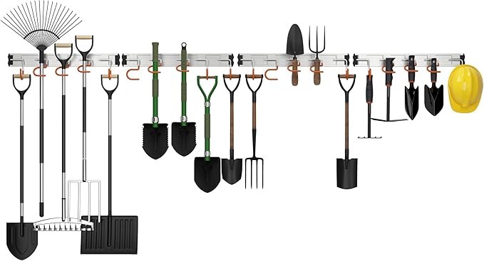 HUPBIPY 69'' Aluminum Alloy Garden Tool Organizer Wall Mount Garage Organizers and Storage with Hooks Tool Hangers for Shed Hooks for Shovel, Rake, Broom & More