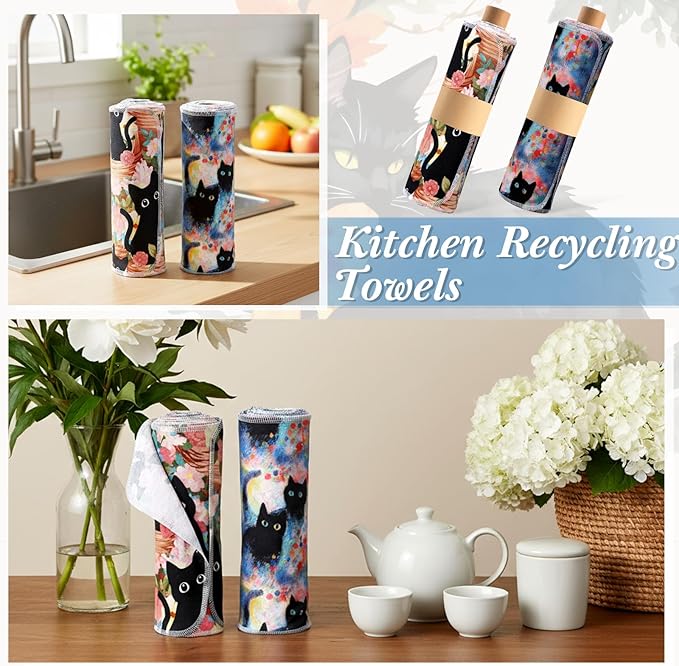 Redbaker 50 Pcs Reusable Paper Towels Paperless Reusable Cotton Cloths Toilet Absorbent Washable Paper Towels with Roll Kitchen Dishcloth for Kitchen Paperless Dishcloths (Black Cat)