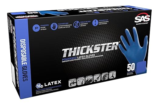 Thickster Powdered Latex Disposable Gloves. Size Medium. Blue Color, 14 mil Thickness, 12" Length. Fully Textured for Superior Grip. Single Use. Pack of 50. (6602)