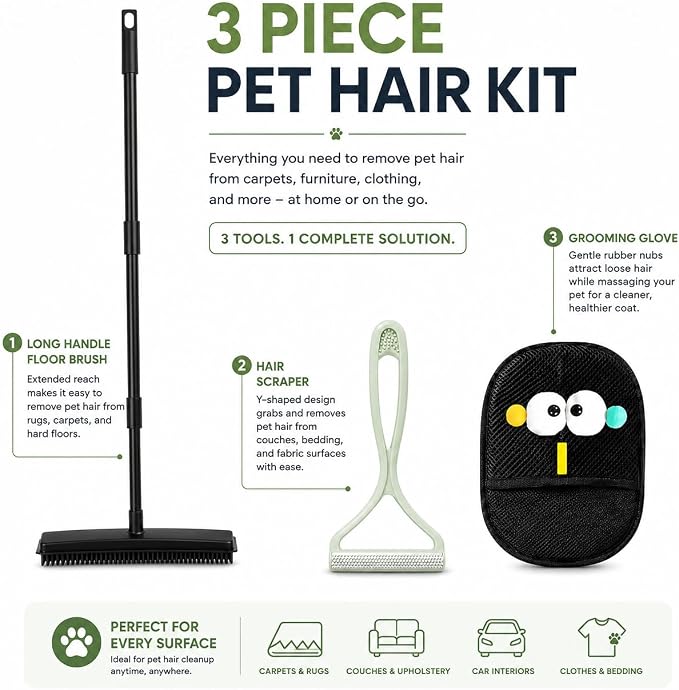 GOOGO Pet Hair Removal Kit, Black Carpet Rake and Scraper | Designed for daily fur pickup on carpets, upholstery, pet beds and car mats, with a long handle rake, scraper and glove.