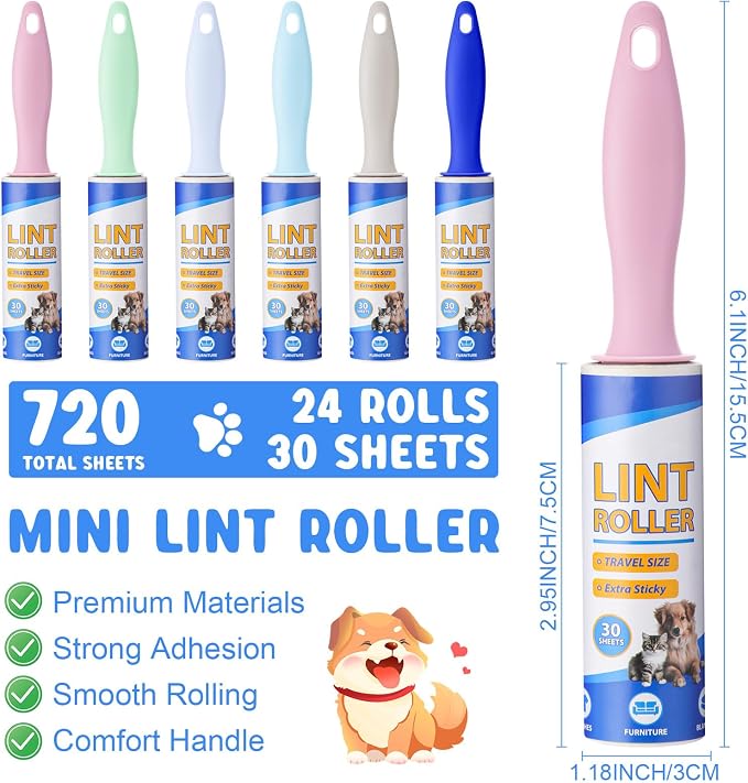 Hushee 24 Pack Mini Lint Roller for Travel, 720 Sheets 6'' Small Portable Lint Removers for Pet Hair, Clothes and Debris