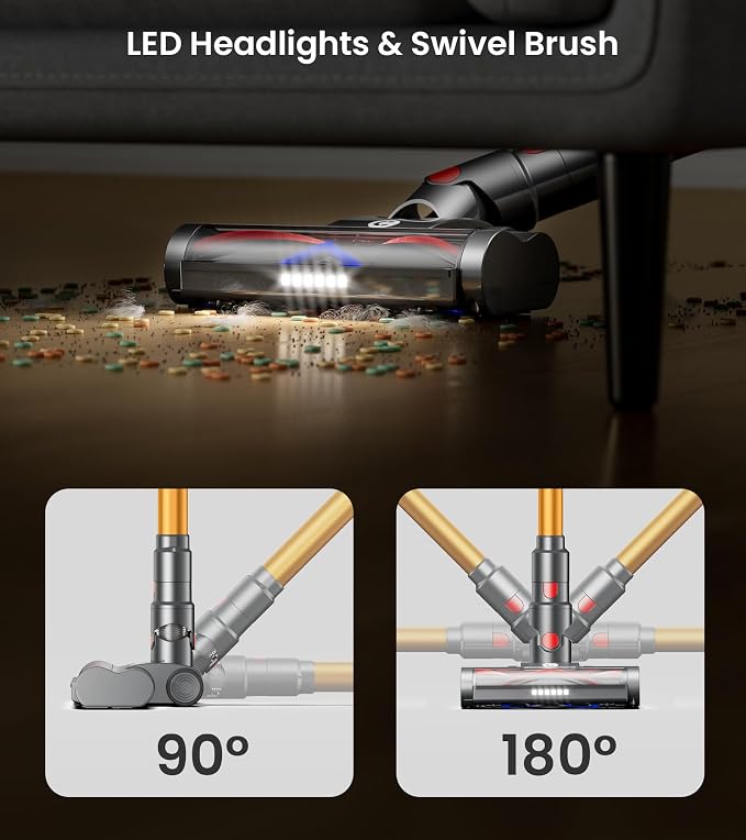 CHEBIO Cordless Vacuum Cleaner, 550W/45Kpa Vacuum Cleaners for Home with LED Display, Anti-Tangle&Wall Mount, 65Mins Wireless Vacuum, 8 in 1 Lightweight Stick Vacuum for Hard Floor/Carpet/Hair (Gold)