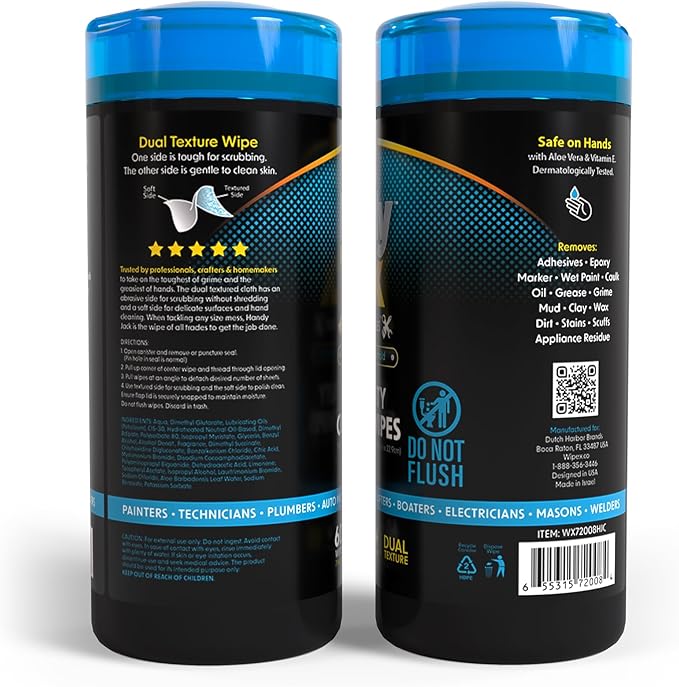 Wipex Handy Jack Degreaser Cleaner Heavy Duty Wipes, Dual Texture Cleaning Cloth for Mechanic Hand Wipes and Surfaces, Clean Tools & Automotive Parts, Paint Remover, Oil, Grease, & Dirt, 60ct Canister