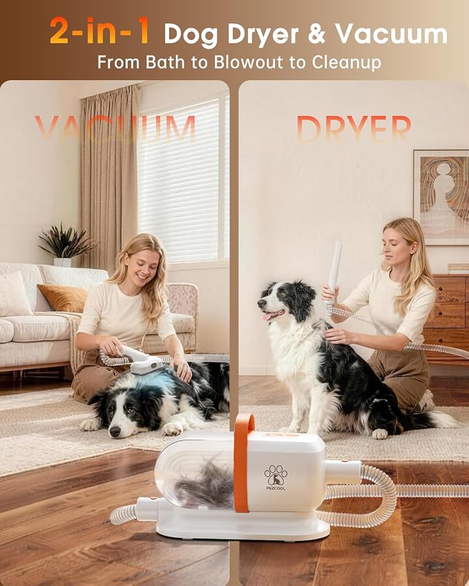LOMMOL Pet Grooming Vacuum, Dog Grooming Kit with Dog Clippers, 2.2L Dust Cup Dogs Vacuum with Dryer Function, Low Noise Upgrade Dog Grooming Vacuum with 6 Tools for Home Pet Hair, Orange