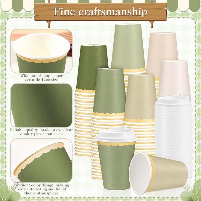 Willinglong 60 Pcs Sage Green Disposable Paper Cups with Lids 12oz Sage Green Coffee Cups with Golden Lace Drinkware for Birthday Baby Shower Bride Holiday Tea Party Business Events DIY Supplies