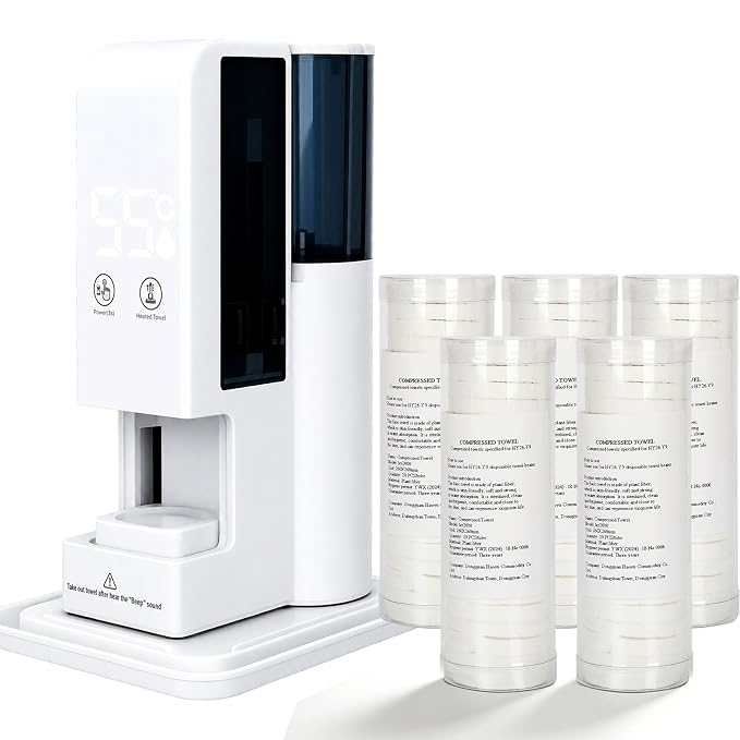 Hot Face Towel Heater Machine with Tray, Towel Warmer, 55°C (131°F) Constant Temperature, 5-Second Fast Heating & Automatic Dispenser, Smart Voice Alerts (Towel Machine + 100PCS Towels)