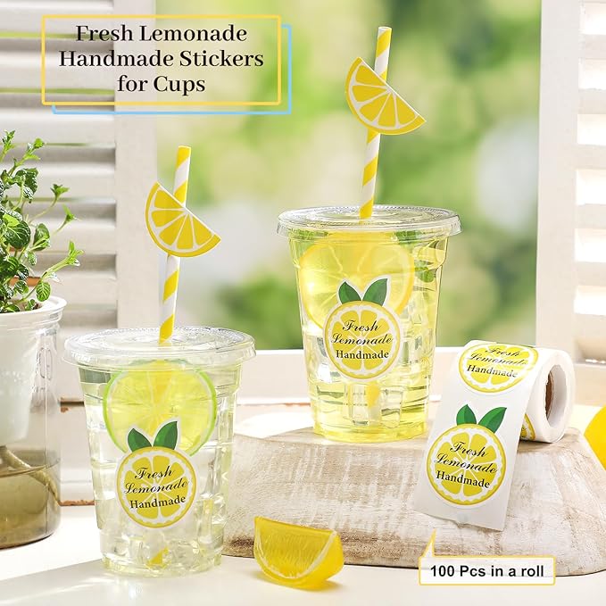 Gilprop 100 Sets Plastic Lemonade Cups with Lids and Straws Lemonade Stand Supplies 12 oz Disposable Lemon Cups Bulk with Stickers Lemonades Bar Supplies for Summer Beverage Drinking Party Favor