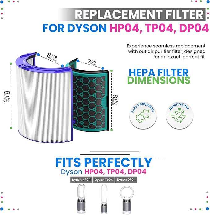 Bagean 360 Combi Glass HEPA Filters Compatible with Dyson Air Purifier Filter HP04 TP04 Pure Cool Hot Fan Dyson Filter Replacement - H13 True HEPA and Activated Carbon Purifies 99.97% Particles