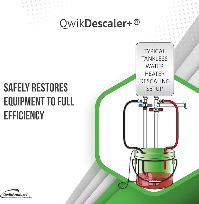 QwikProducts QwikDescaler + Concentrated Descaler Solution, Tankless Water Heater Descaling Solvent for Heat Exchanger, Quickly Dissolves Scale, Lime, Tarnish and Deposits, 1 Quart