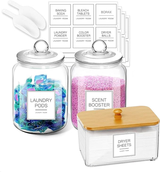 FyndraX Laundry Glass Jars with Dryer Sheets Holder, Containers with Scoop and Labels for Laundry Room Organization and Storage Detergents Pods or Powder, Scent Booster Beads, Set of 3