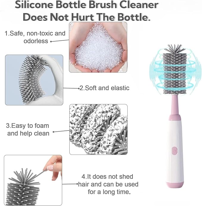 Electric Bottle Brush Set, 6-in-1 Electric Cleaning Brush with Waterproof Silicone Cleaner, 3 Replaceable Brush Heads, Straw Brush & Extension Rod, for Baby Feeding Accessories and Kitchen Utensils