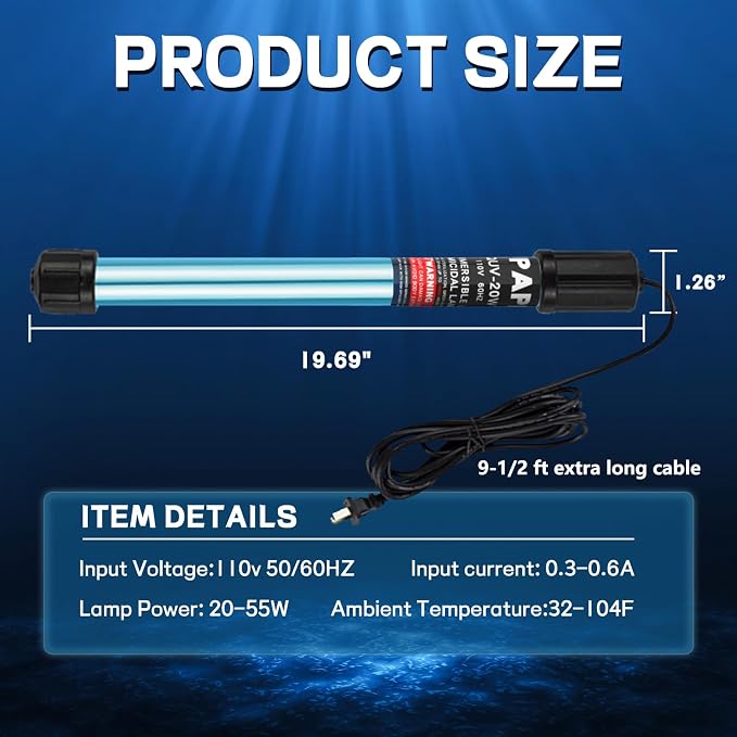 30W Pond UV Light for 200-2000 Gallon, Aquarium UV Water Clarifier for Koi Pond, Spas and Fish Tanks, Swimming Pools