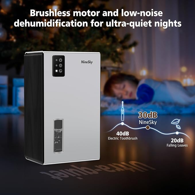 NineSky Dehumidifier, 1000 sq.ft Dehumidifiers for Home with 95oz Large Water Tank,Quiet Dehumidifier with 7-Color Ambient Light & Auto Shut Off, Dehumidifier for Basement, Bedroom, Bathroom (Silver)