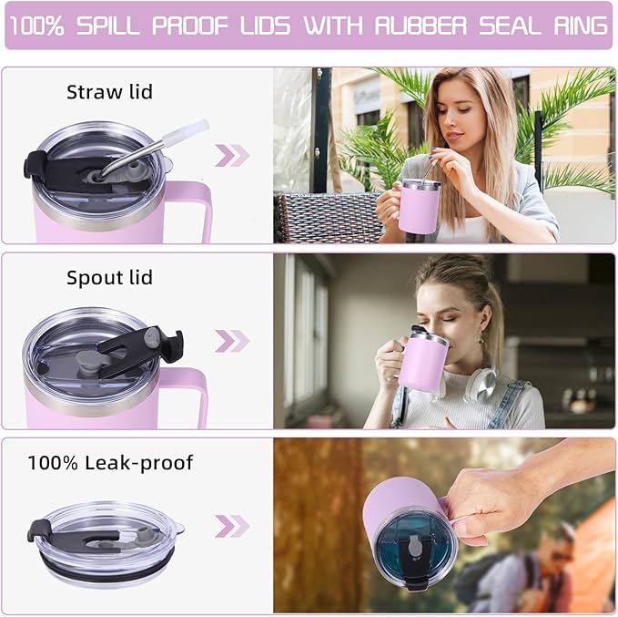 Volhoply 12oz Insulated Leakproof Coffee Mug with Flip & Straw Lid Bulk 8 Pack,Double Wall Vacuum Stainless Steel Travel Tumbler Cup with Handle,Reusable Camping Keep Cold/Hot(Purple,8 Set)