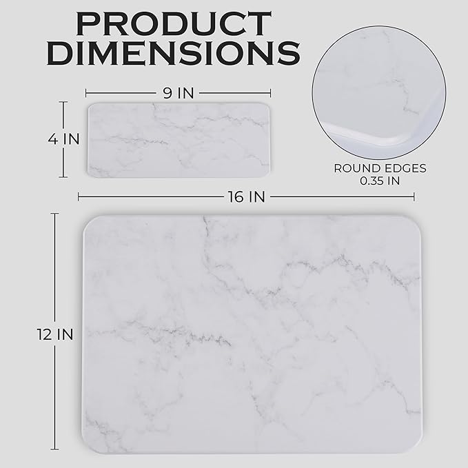 J.B Large Stone Drying Mat for Kitchen Counter - Quick Dry Stone Mat with Sink Caddy, Ultra Absorbent Dish Drying Stone for Kitchen Counter and Bathrooms, 16 x 12 Inch (Light Gray/White Marble Finish)