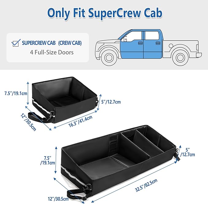 GRAOSO Trunk Under Seat Storage Fit for Super Crew, Tool Organizer Box Under Rear Seat for Three Seats with Removable Bottom Boards, Side Handles and Hook Snap Fix Straps, Black